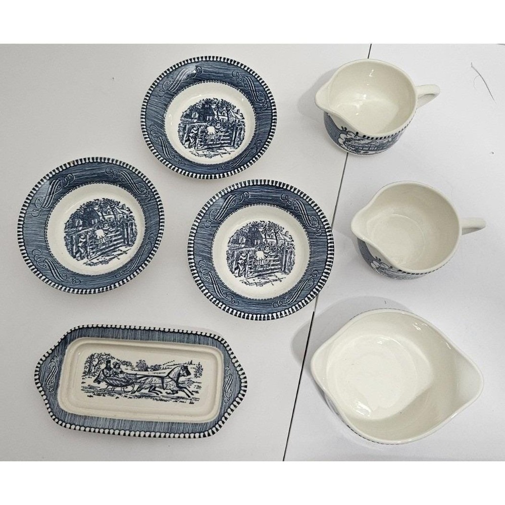 Royal China Currier & Ives Dinnerware Set Blue White Sleigh Train Scenes 7pc